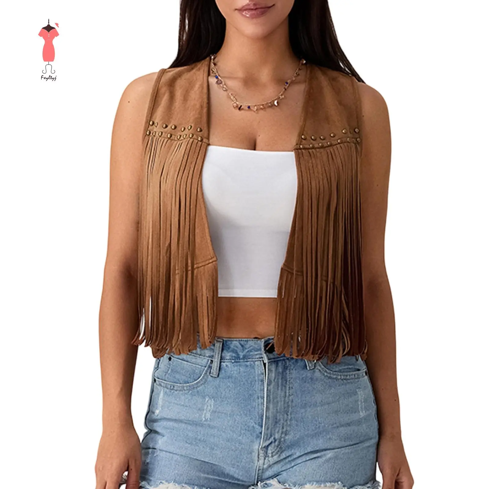 Women's Faux Suede Western Tassel Vest - 70s Hippie Style, Sleeveless Open Front, Multi-Color Everyday Top for Casual Outdoor Wear