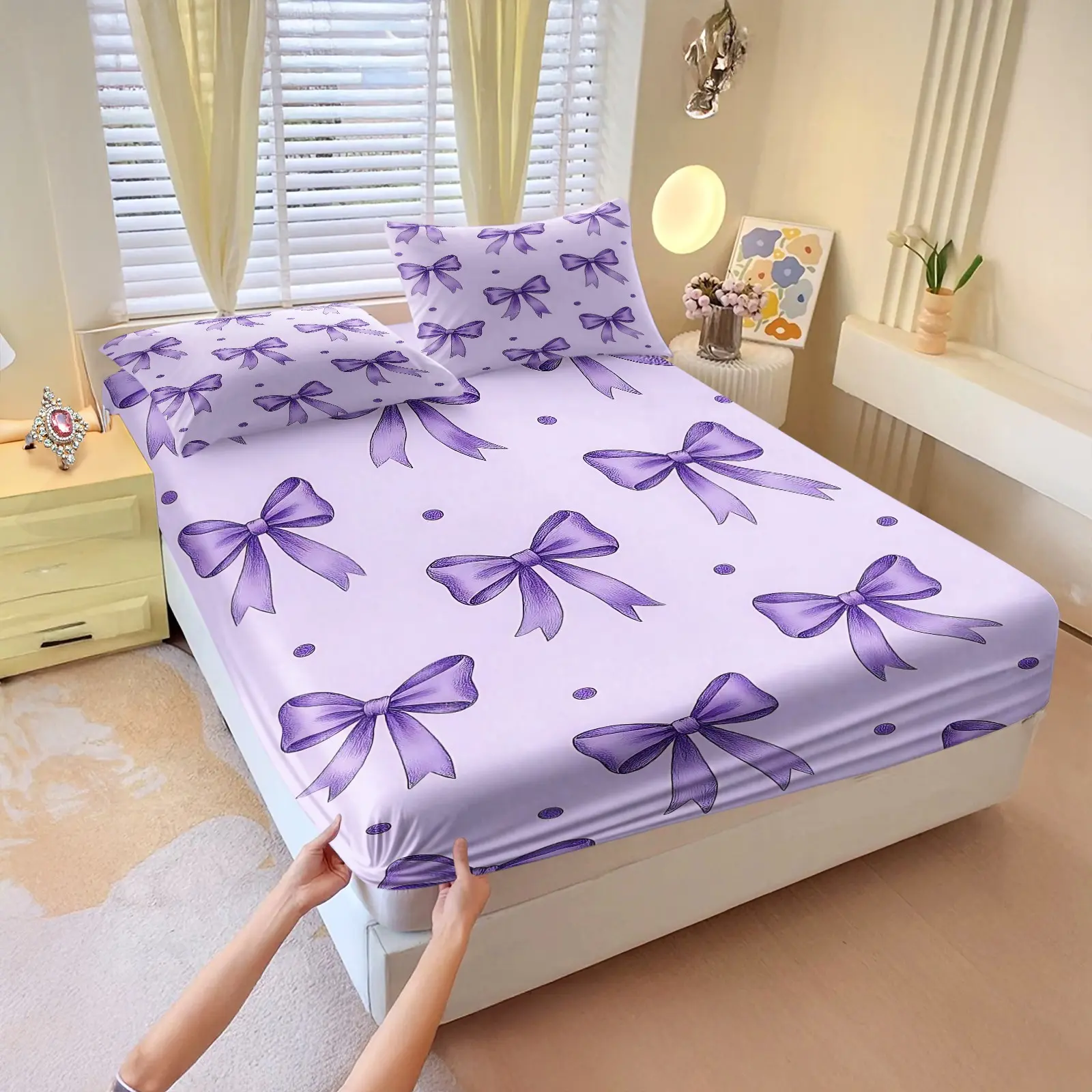 3Pcs Bow Printed Fitted Sheet Set, Stretch Non-Slip Mattress Cover, Durable Bedding for Dorm & Home (No Fillers, No Pillow Inserts)