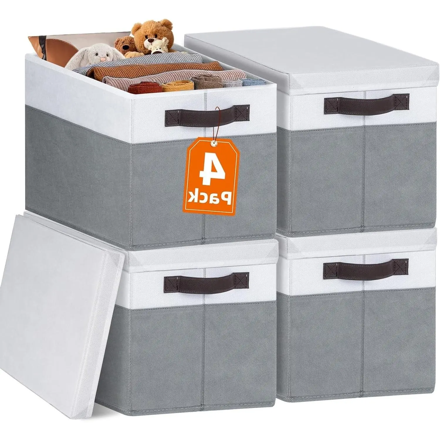 Large Storage Baskets with Lids 4 Pack, Stackable Closet Organizer Bins for Shelves, Nursery, Bedroom, Dorm - Storage Cubes for Clothes, Toys, Blankets, Books - 14x10x9.5Gift