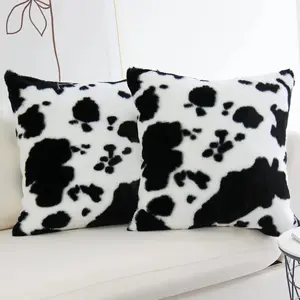 Cowhide Throw Pillow Covers Farmhouse   Soft Cozy Fleece Flurry Cushion Case Cow Pattern Faux  Pillowcases for Couch Bedroom Set of 2 18 x 18 Inch Black