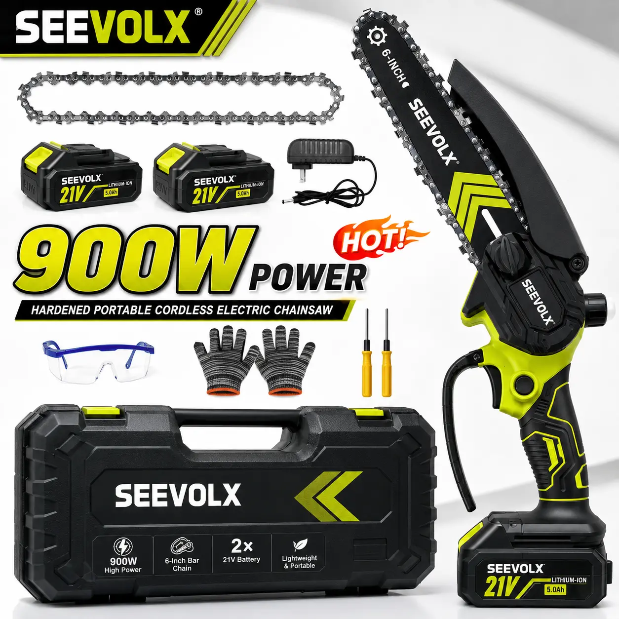 SEEVOLX  Brushless Mini 6"ChainSaw Oil System- Portable Electric Cordless Saw for Wood Cutting, Batteries (000mAh) ,Pruning, Gardening, Camping - Suitable for Seniors, Women Holiday gifts