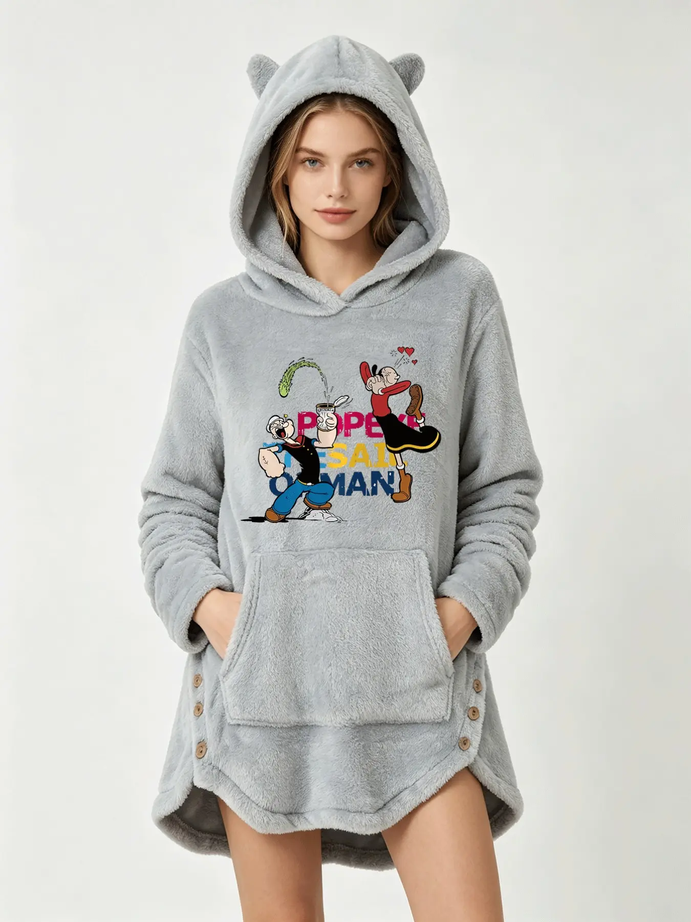 Y2K Soft Thick Flannel Long Sleepwear, American Classic Popeye Cartoon Print, Loose Fit Hooded Home Apparel, All Seasons Comfort