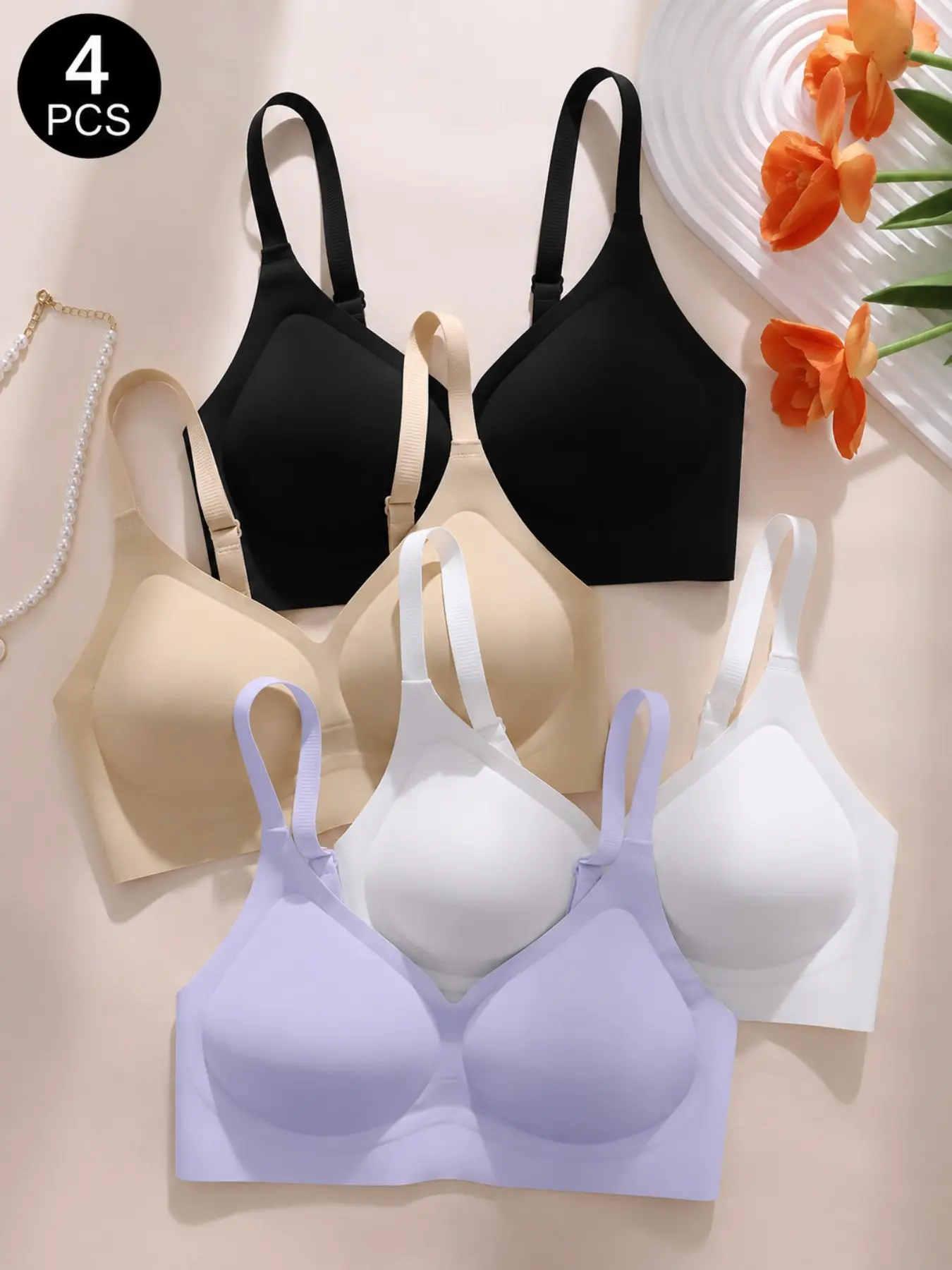 4PCS Women's Underwear Sexy Plain Jelly Bra Set, Soft Comfort Medium Support Everyday Wear, Adjustable Strap Fitted Design, All Seasons