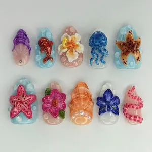 24 Pcs 3D Ocean Press on Nails, Short Round, Handmade Sculpted Sea Creature Fake Nails, Starfish, Jellyfish, Dolphin, Shell Design, Glossy, Reusable, Summer Beach Wear