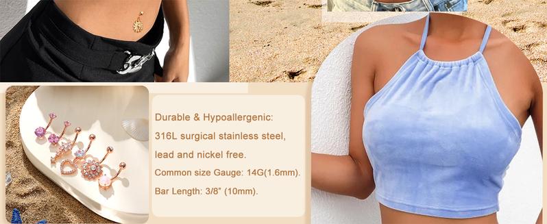 2025 Summer 6PCS Surgical Stainless Steel Dangle Pink Belly Button Rings for Women Heart Flower Cubic Zirconia Dangling Belly Button Piercing Navel Piercings Pack