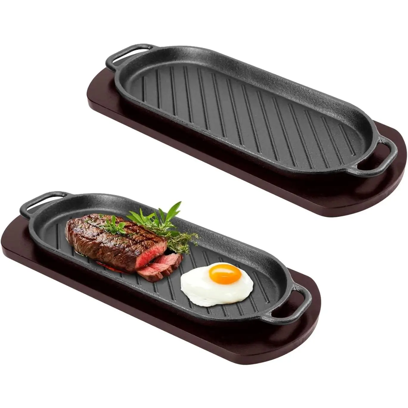 2PCS Sizzling Fajita Skillet Steak Plate with Wooden Base, Suitable for Home & Restaurant Kitchen Cooking