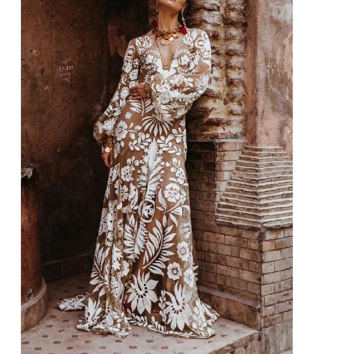 2025 New Lace Corset dress Deep V Mesh Embroidered Sleeve Backless dress New Formal Womenswear