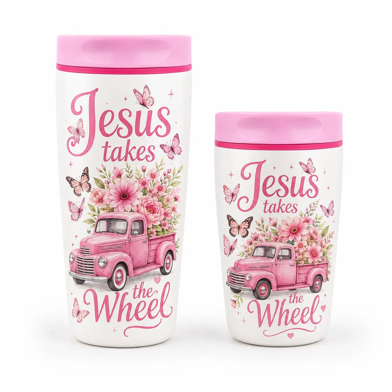 20 oz Christian Tumbler with Jesus Takes the Wheel Design, Stainless Steel Insulated Coffee Cup with Lid, Faith Gift for Women, Moms and Church Friends