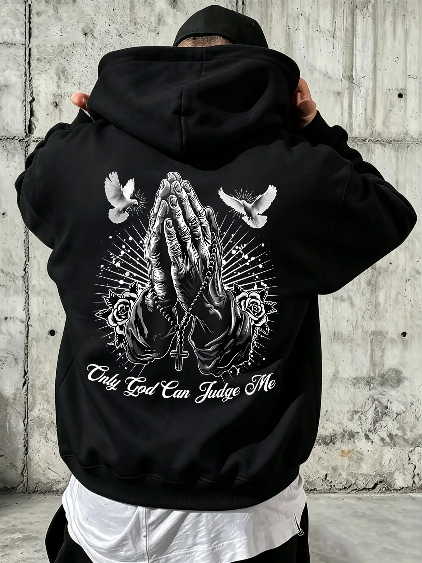 Men's Fall Winter Drawstring Hoodie, Graphic Praying Hands & Rosary Cross Print, Casual Long Sleeve, Perfect Gift, Loose-Fitting, Unlined