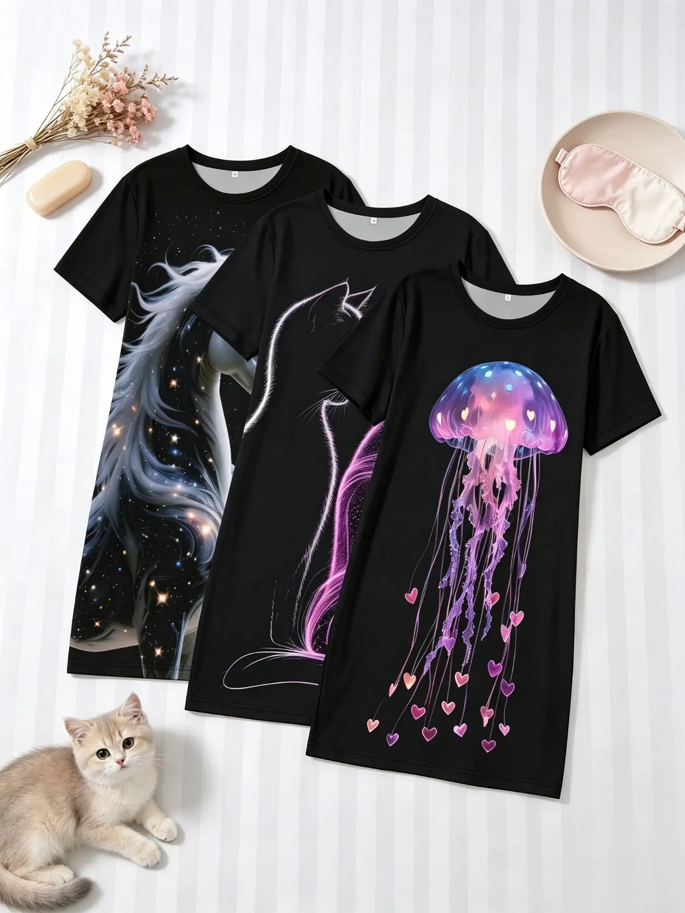 Women's Nightgowns 3 Pack Value Matching Set Starry Unicorn Line Art Cat Heart Jellyfish Print Summer Short Sleeve Crew Neck Soft Breathable Lightweight Stretchy Sleep Dress Home Lounge Casual Daily Wear Multipack Sleep Set