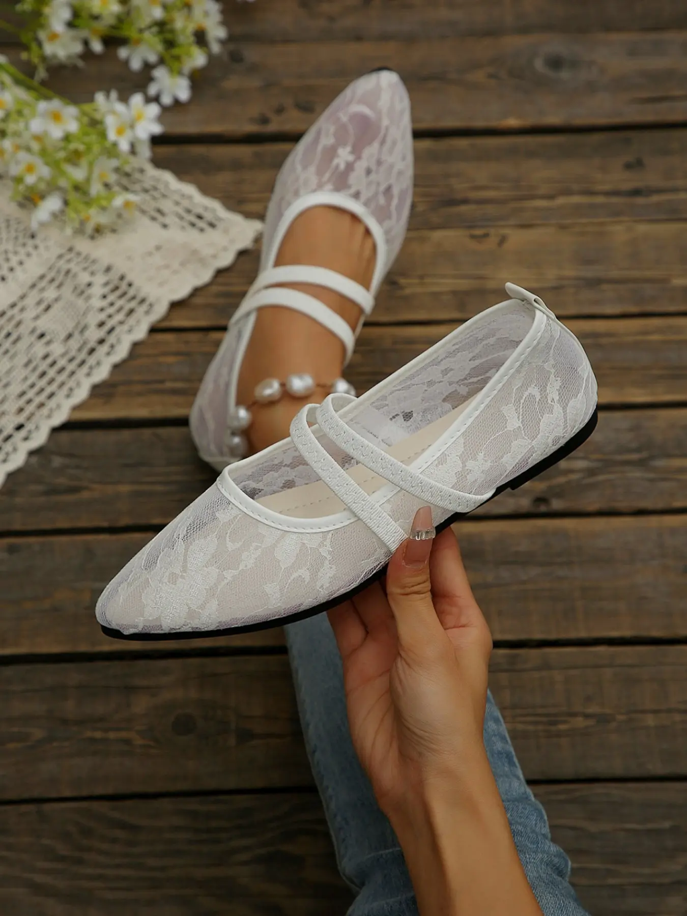 Women's Floral Lace Mesh Mary Jane Flat Shoes, Transparent Double Strap Pointed Toe Ballet Flats, Office Daily Commute Casual Shoes