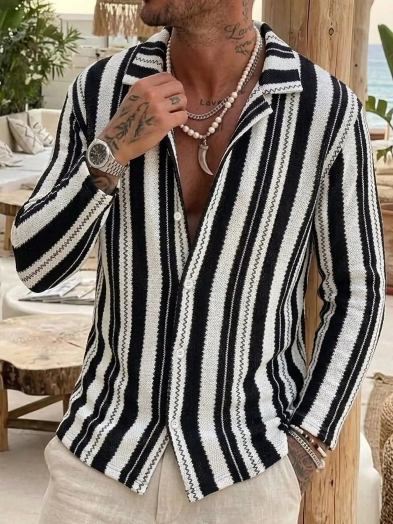 Men's Vertical Striped Knit Cardigan Shirt, Cuban Collar Loose Long Sleeve Jacket, Beach Vacation Daily Streetwear