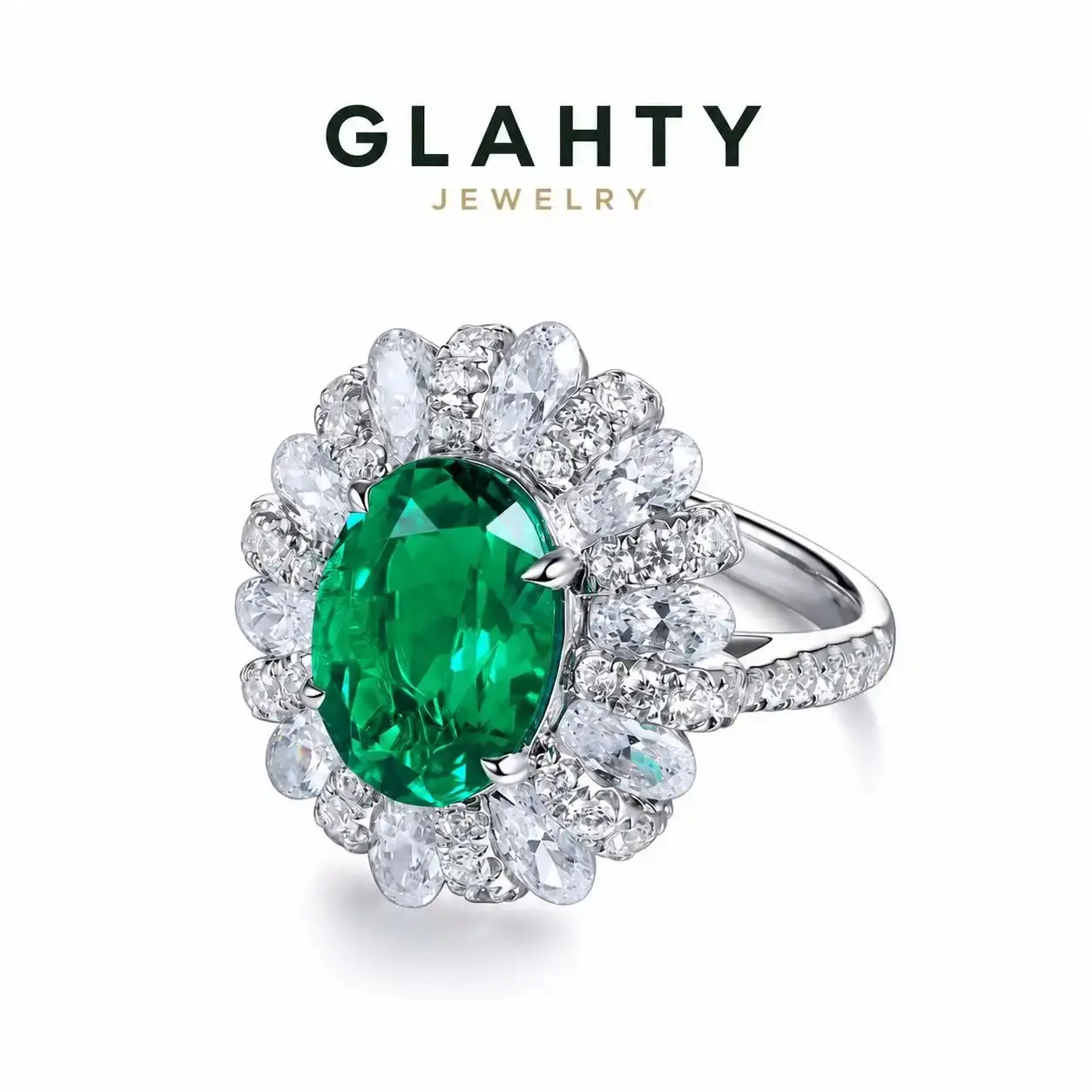 [Y004]Glahty Jewelry 5CT Lab-Grown Emerald Ring for Women, Zambian Green Oval Gemstone S925 Sterling Silver 18K Gold Plated Floral Halo Ring