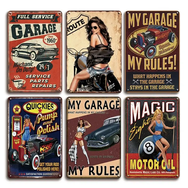 Vintage Pin Up Girl Metal Tin Plaque, Decorative Wall Plaque, Retro Motorcycle Hot Rod Decor, Vintage Plaque Decoration, 6 Pcs Wall Art for Mechanic Shop, Man Cave, Gas Station Theme