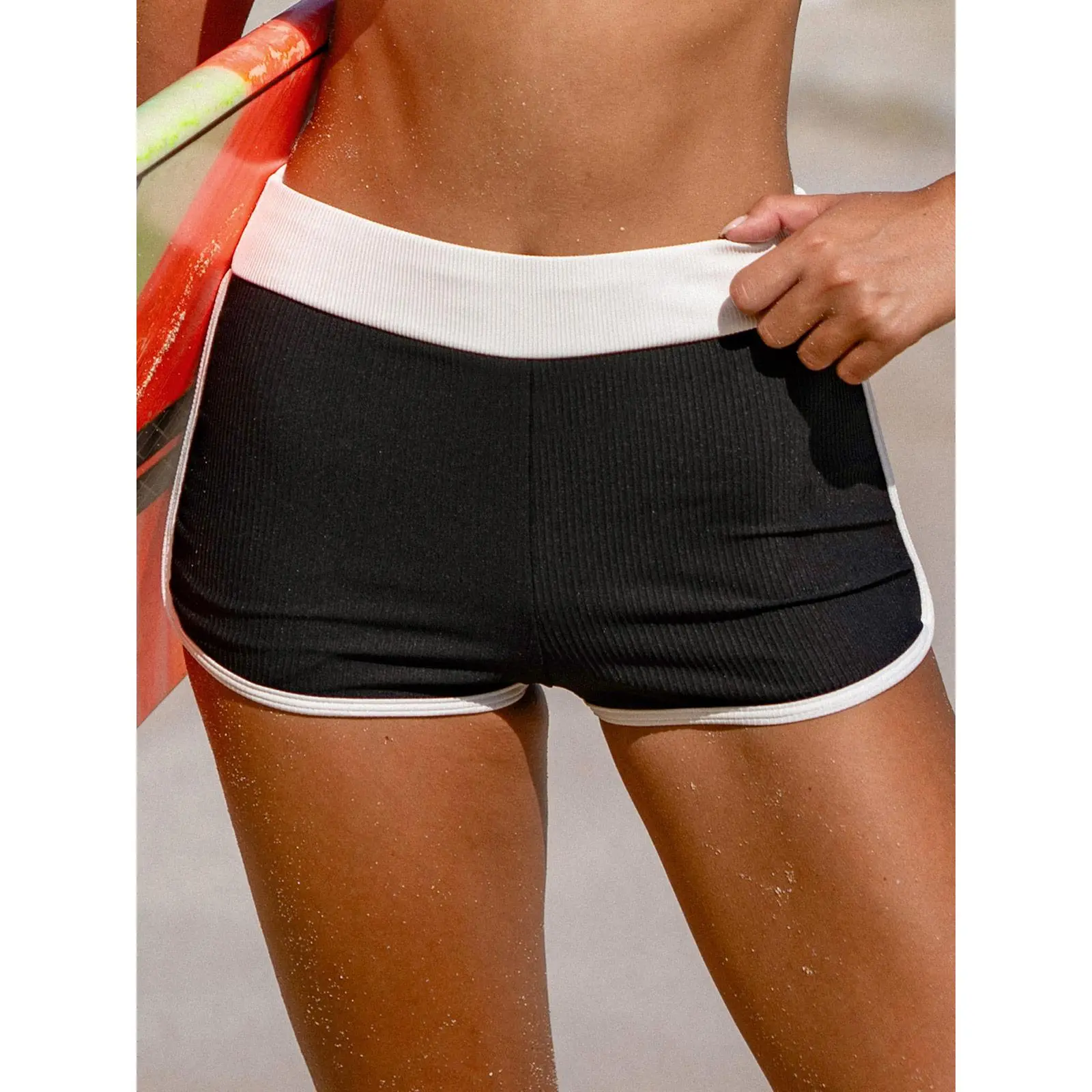Black Contrast High-Waisted Surf Shorts