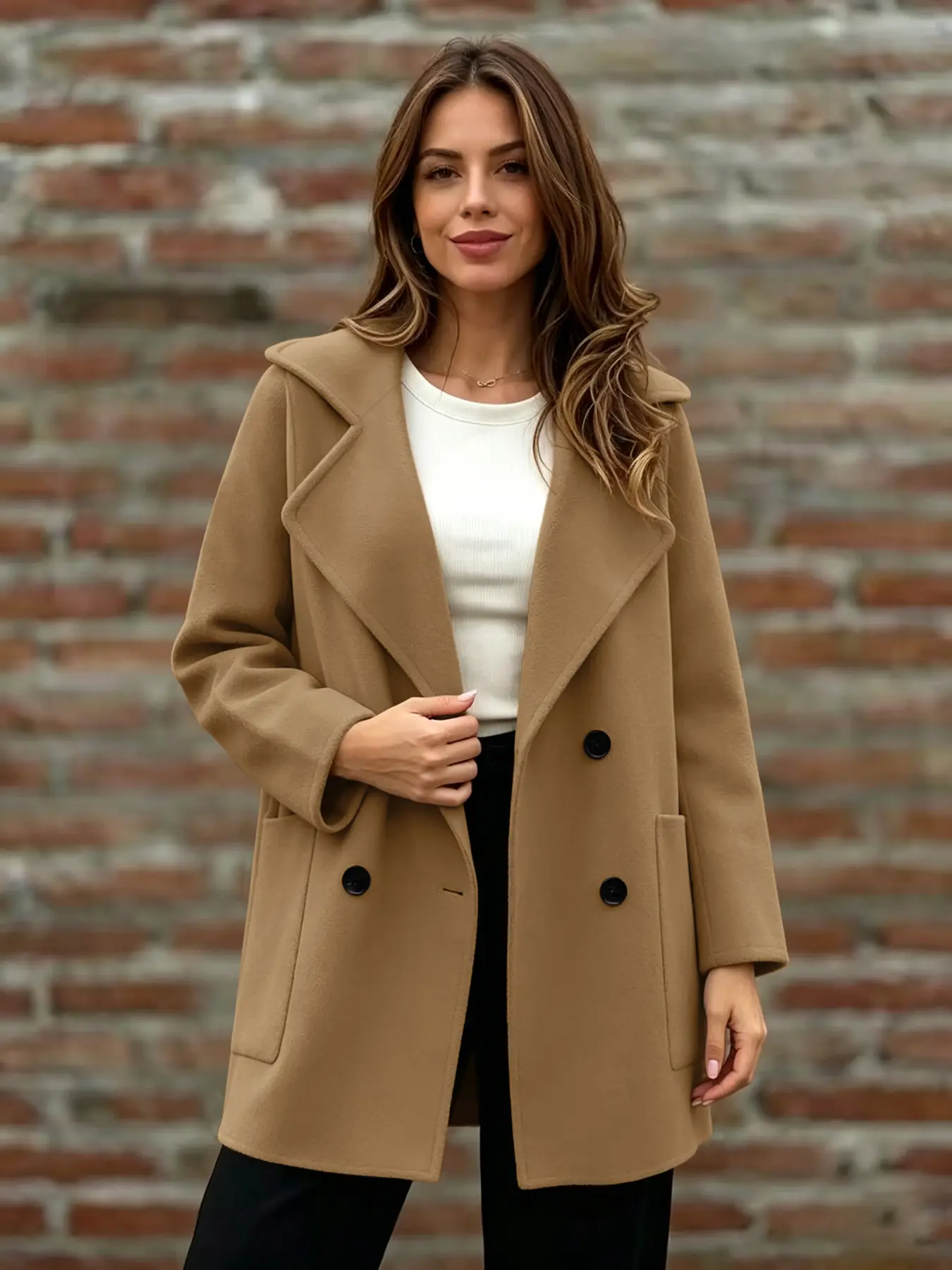 Autumn Winter Atmosphere Solid Color Woolen Coat, Large Lapel Double Button Medium-Length Outerwear, Stylish and Warm Fashion Jacket, Tops