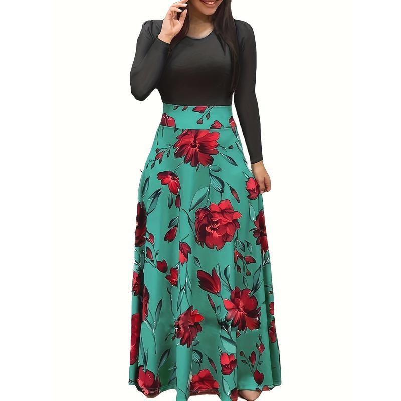 Long Sleeve Elegant Floral Print Maxi Dress, Crew Neck Pleated Women's Clothing Womenswear Geometric