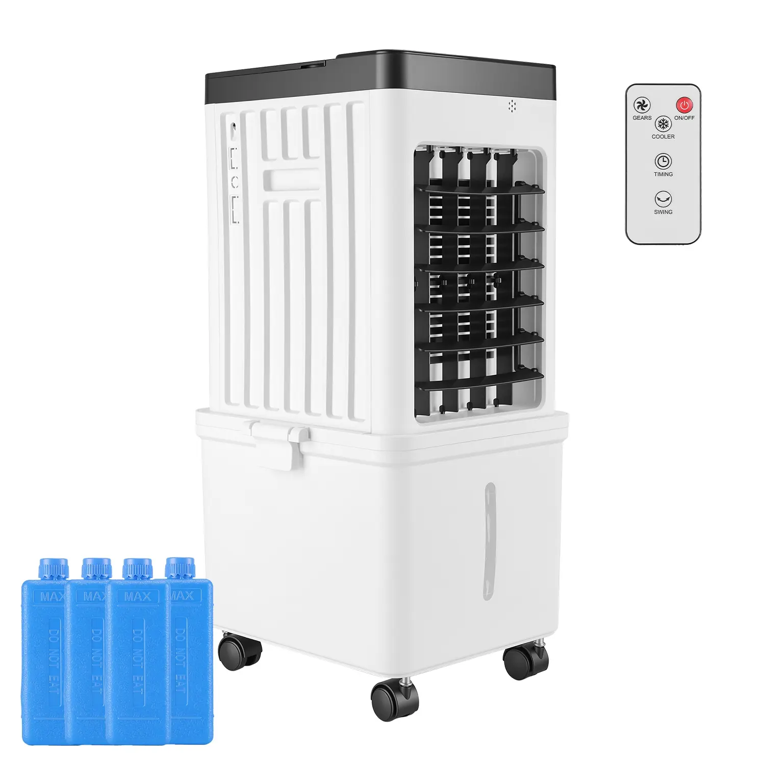 12L Portable Evaporative Air Cooler Cooling Unit, 75W Energy-Saving Residential Fan with Dual Water Tank, 3 Adjustable Speeds, Touch Panel, Remote Control, 4 Ice Packs, 75° Oscillation, 15H Timer, Water Level Window, 4 Wheels for Home, Office