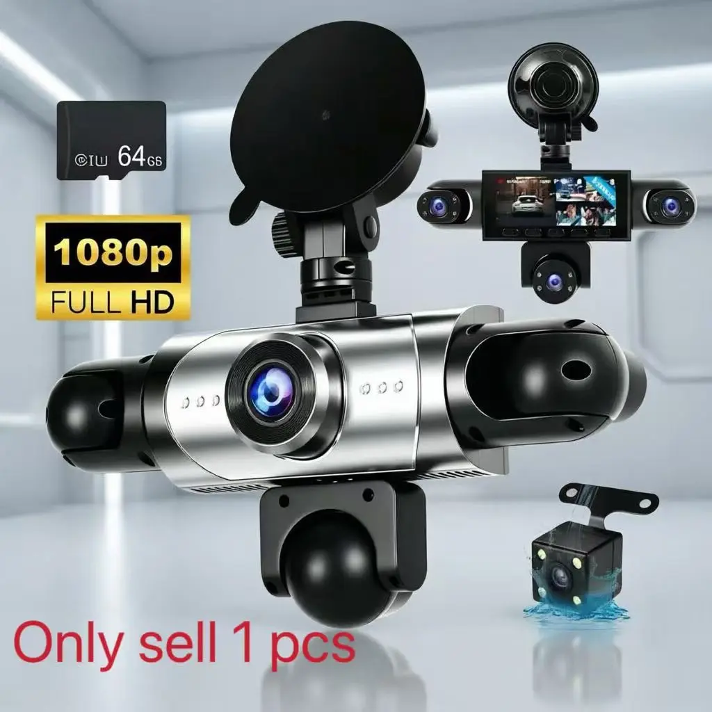 Five-Channel Car Dash Cam, Front 1080P, Rear 720p, LED Display, Button Control, Rechargeable Battery, Night Vision Function