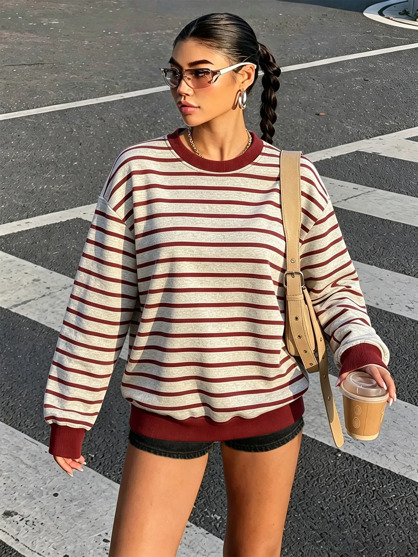 Wine Red Striped Crewneck Sweatshirt | Soft, casual, loose basic pullover, a must-have for everyday streetwear, home, and commuting outfits, trendy fall top #AutumnWinterSweatshirts #VintageStripedPullover