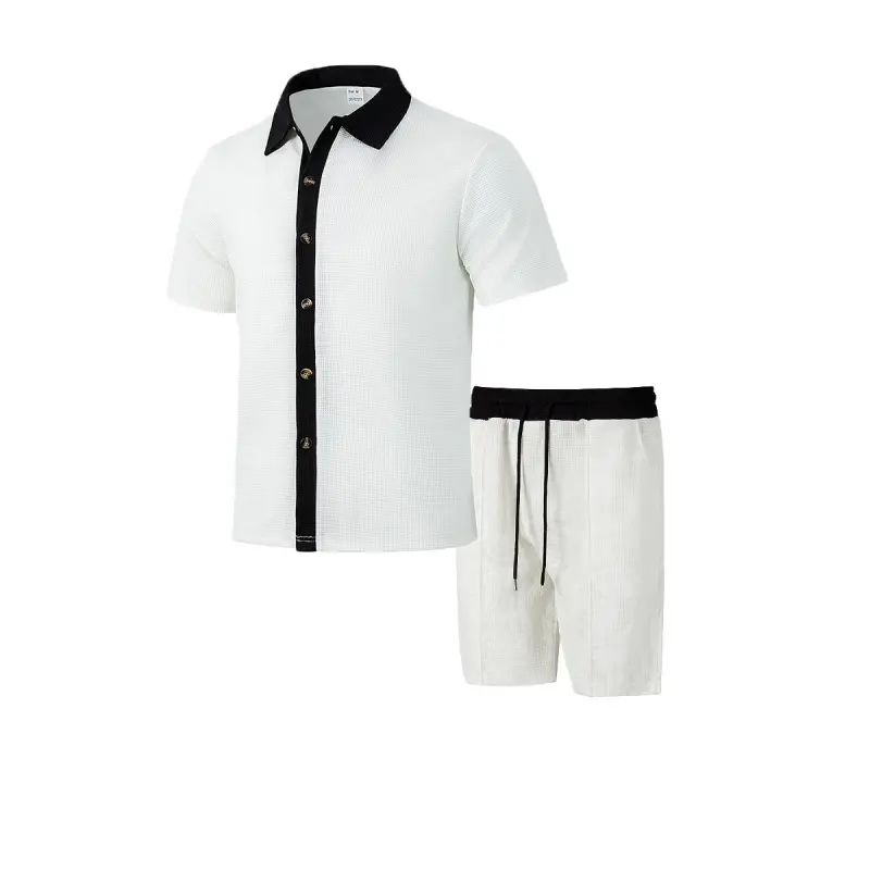 Men's 2-Piece Menswear Set - Casual Waffle Knit Polyester Short-Sleeve Shirt and Shorts with Contrast Binding, Shortsleeve, Fabric, Clothes