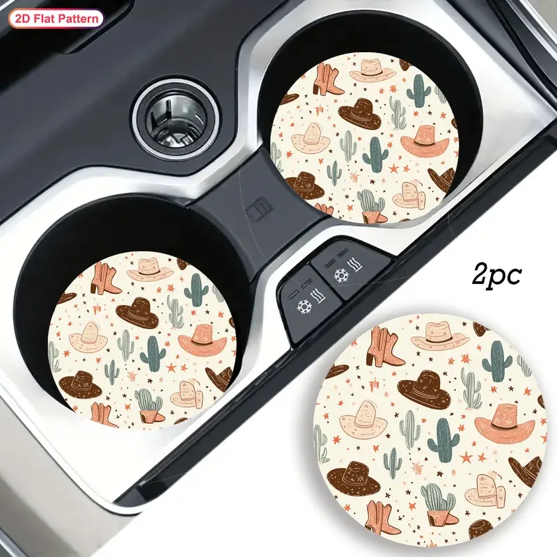 2 Western Cowboy Cup Holders with Cactus and Cowboy Hat Design - Non-Slip Durable Car Coasters, All-Season Brown/Beige/Black/White Patterns, Compatible with All Vehicles, Easy to Clean, Suitable for Men and Women, Western Theme Car Accessories
