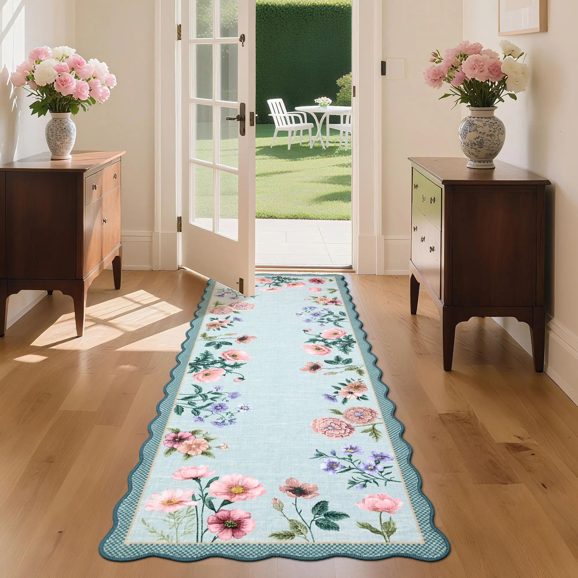 Garvee Floral Scalloped Kitchen Runner Rug, 2X6 Washable Hallway Runner Non-Slip, Soft Print Laundry Room Rug Low-Pile Stain Resistant Boho Carpet for Bathroom Bedroom Dorm, Blue