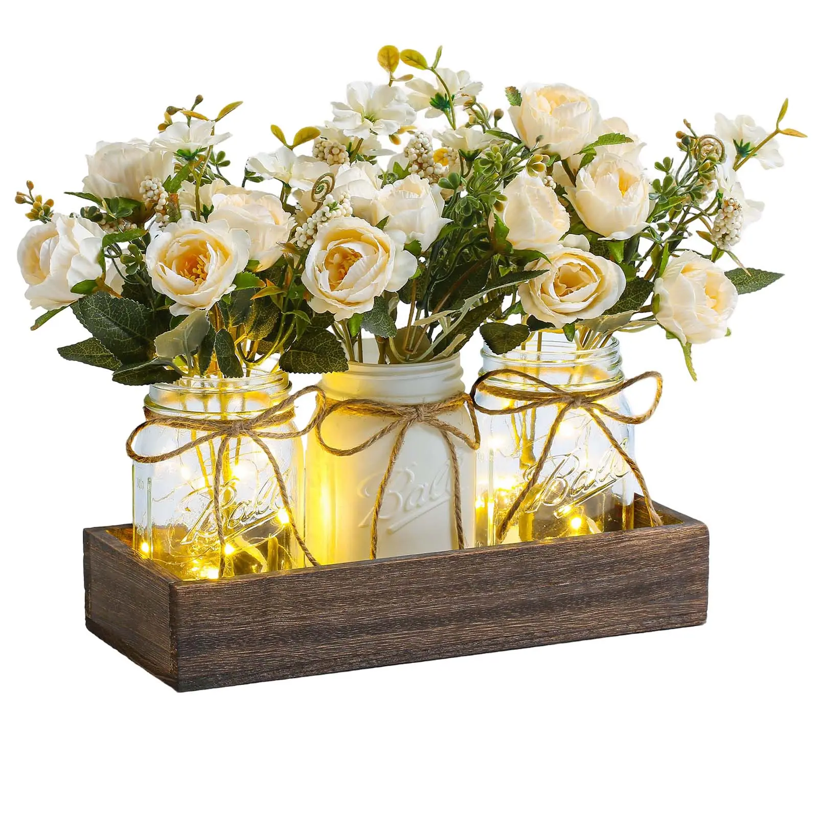 3PC Rustic LED Mason Jar Table Centerpiece – Wooden Tray with Artificial Roses & Summer Blooms