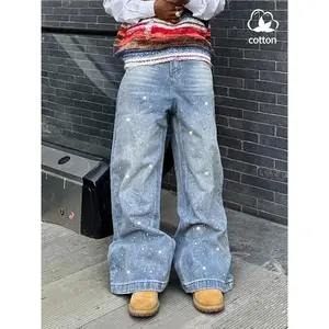 ACTIVEKITMen's casual street wear denim jeans, heavy craft jeans, letter embroidery rhinestone galaxy design, high waist fit, fashionable and comfortable men's jeans
