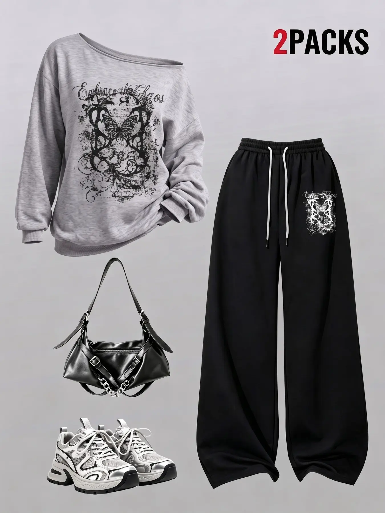 Women 2 Packs Vintage Butterfly Graphic Co-ords Outfit, Off Shoulder Long Sleeve Sweatshirt And High Waist Drawstring Wide Leg Pants Matching Set, Enhance The Chaos Script Print Streetwear Loungewear Suit, Y2K Coquette Dark Aesthetic Two Piece Outfit, Sof