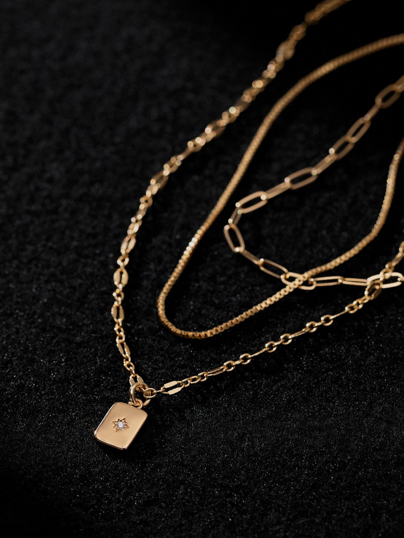 3 Piece Trendy Grid Paperclip Box Chain Set with Sparkling Star Artificial Zircon Rectangle Mini Pendant Necklace Minimalist Chain Necklace