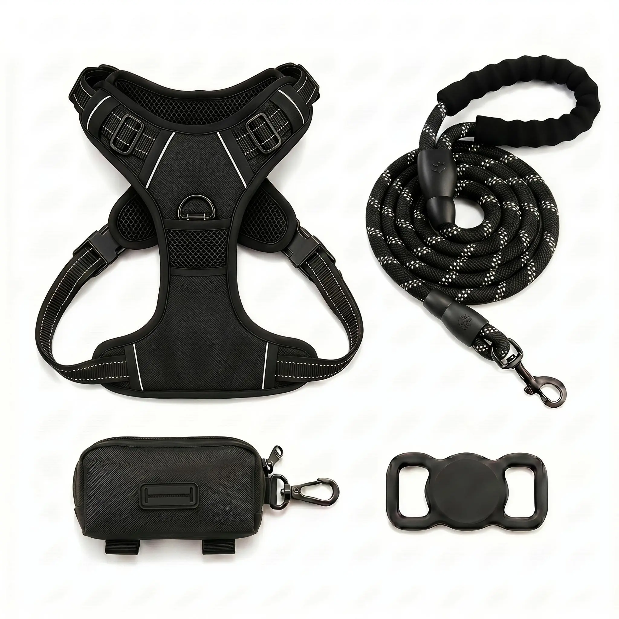 Reflective Dog Harness and Leash Complete Bundle - No-Pull Breathable Mesh Fabric Vest with MOLLE Poop Bag Dispenser, FREE AirTag Case Holder, Cooling Ventilation for Medium-Large Dogs, American Bullies Walking