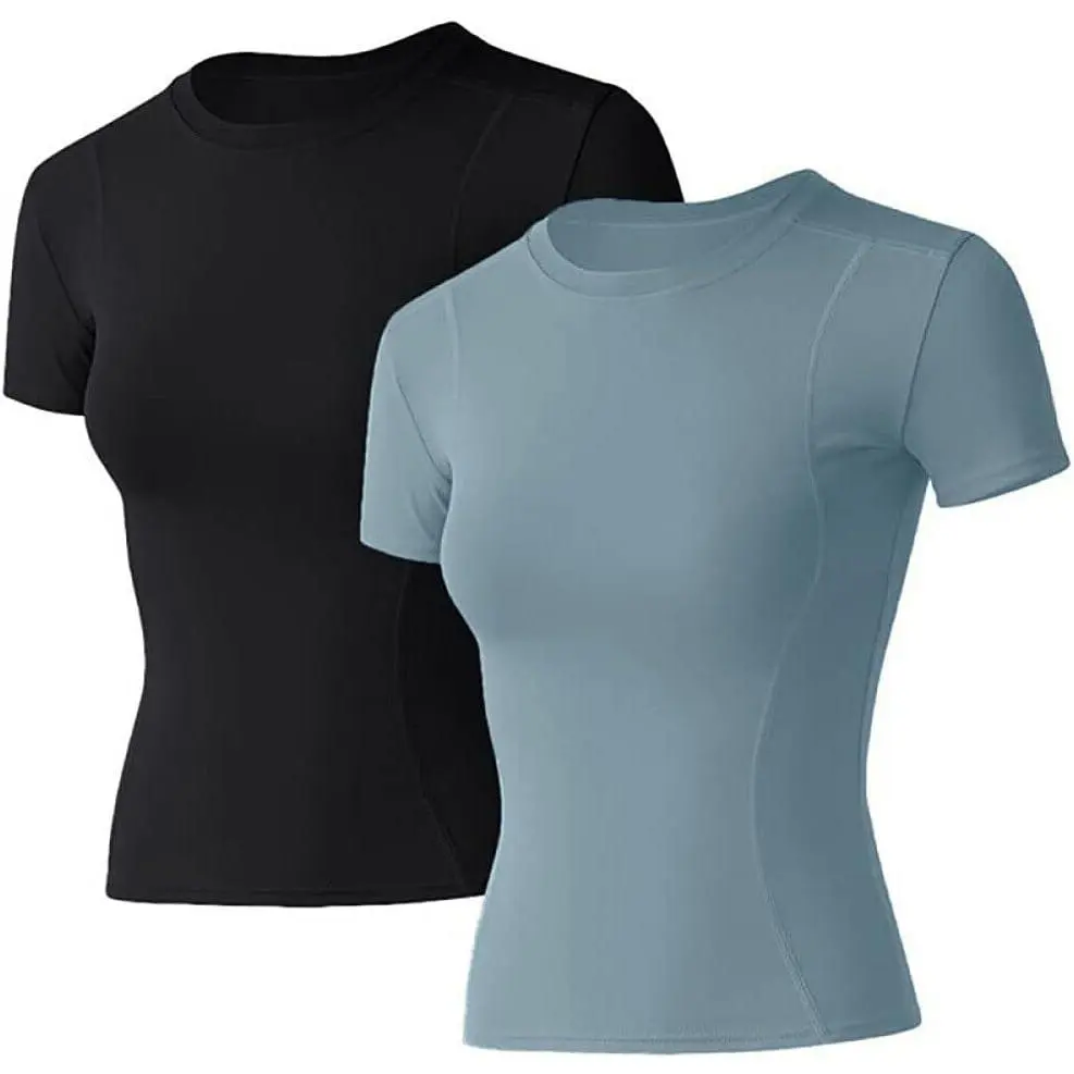 Women's Quick-Dry Belly-Covering Skin-Tight Athletic Compression Tees, 1/2/3 Pack Volleyball Yoga Gym Basic Female Sports Tops, Stretch Fabric, Dry Fit Fabric, Moisture Wicking, Sporty Chic, Round Neck, Solid Colors