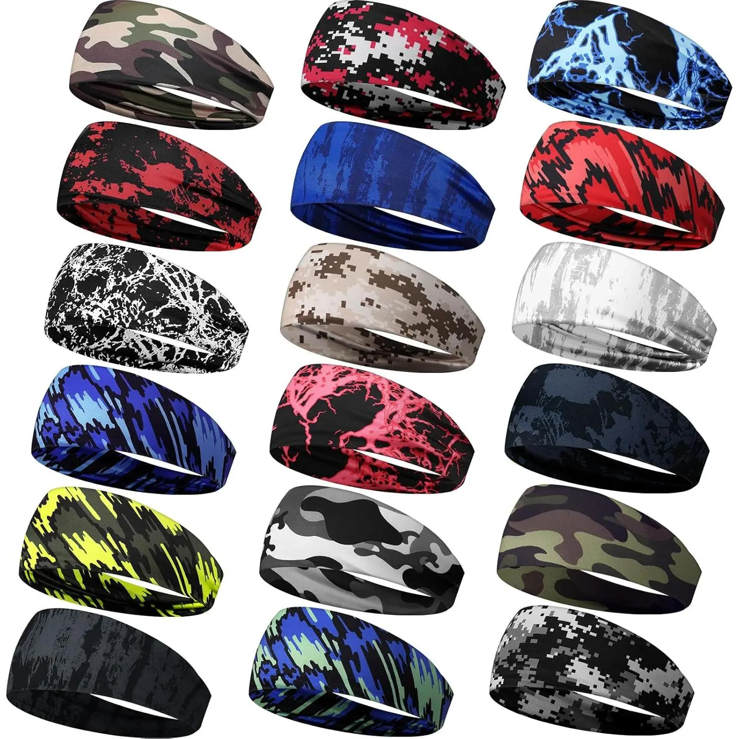 18 Pcs Camo Sports Headbands for Men & Women, Stretchy Non-Slip Workout Sweatbands, Breathable for Yoga, Running & Cycling, Unisex, Stretchy Fabric, Biking, Camouflage, Yoga Fitness