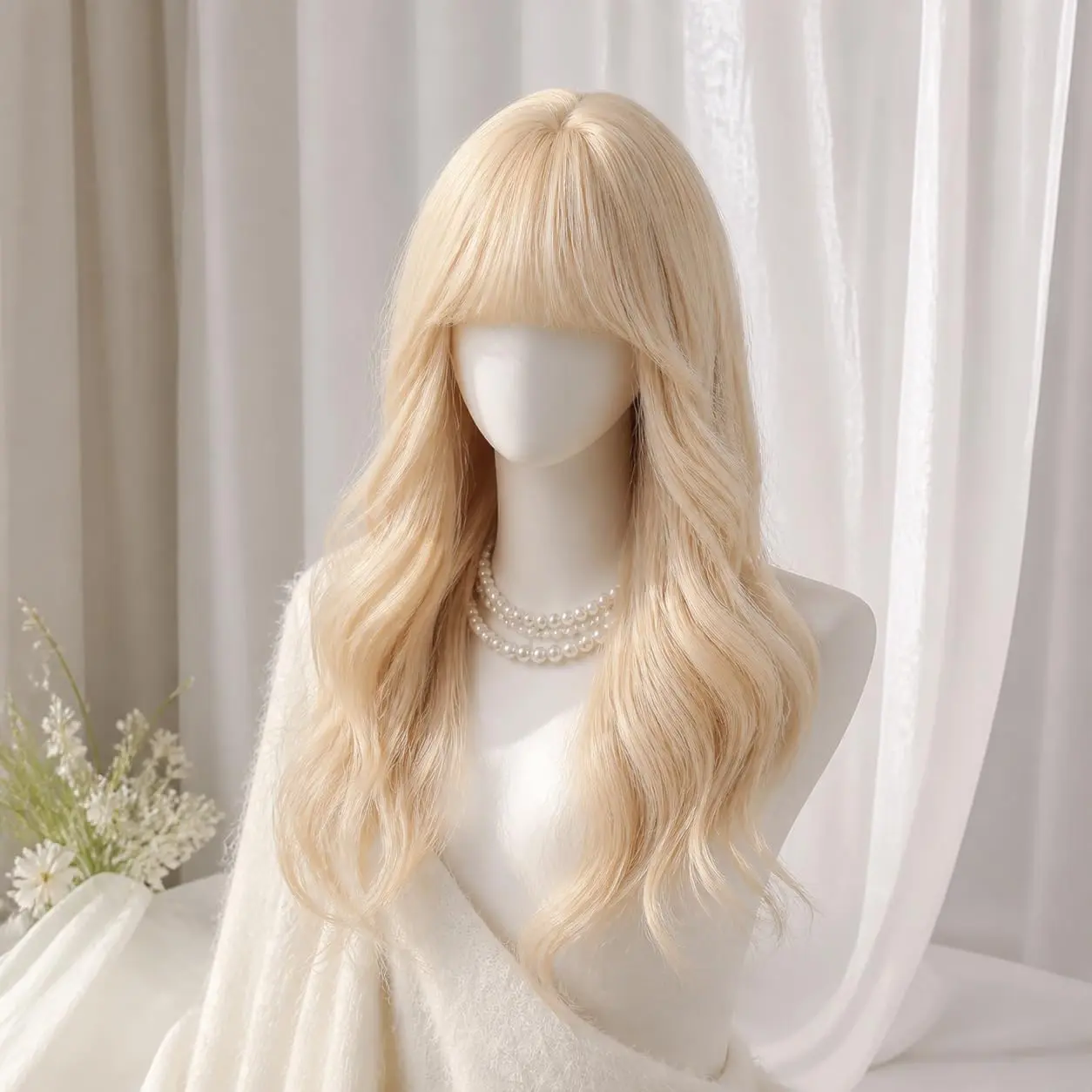 Creamy  Blonde Wigs 22'' Long Layered Wig With Bangs PuffPro Voluminous High Crown Wigs for Women,Realistic Scalp and Hairline,Clean Girl Aesthetic/Office Siren Versatile Styles
