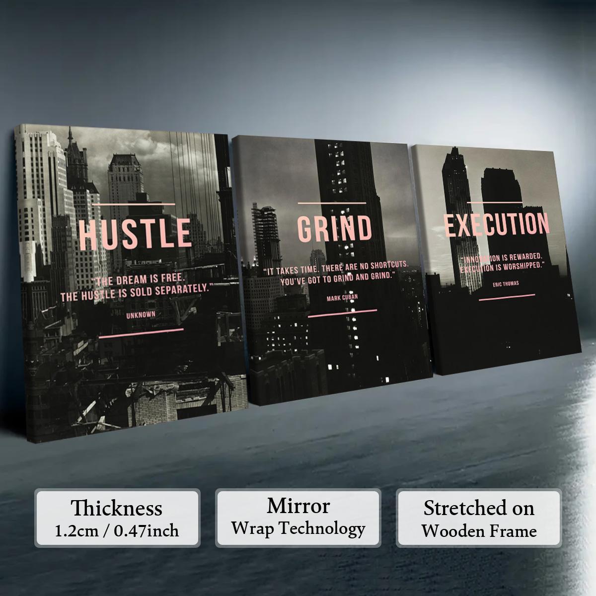 Wooden Framed Canvas Painting, 3 Counts/set Urban Inspirational Letter Decorative Painting, Modern Art Poster for Office Home Dormitory Dining Room Bar