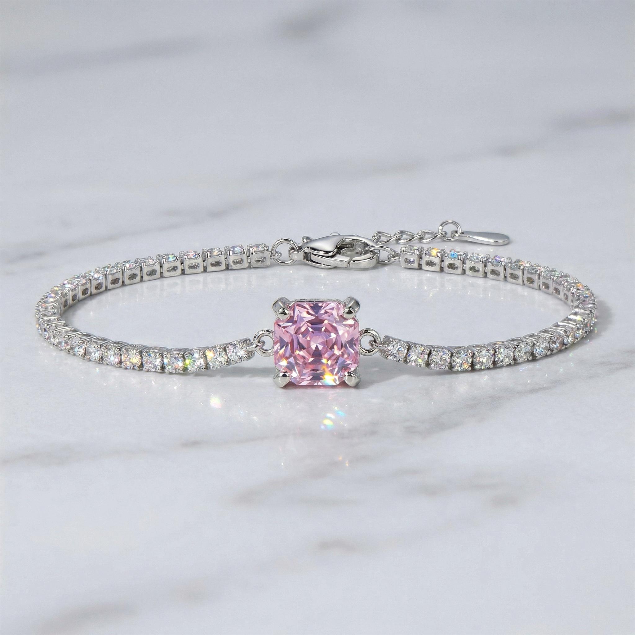 VAELUME Luxury 18K White Gold Plated Octagon Rose-Cut Pink Diamond Jewelry Set - 3PC Necklace Bracelet Ring-5A VVS CZ, Perfect for Daily Wear, Anniversaries,Birthday Gift for Women and Girls