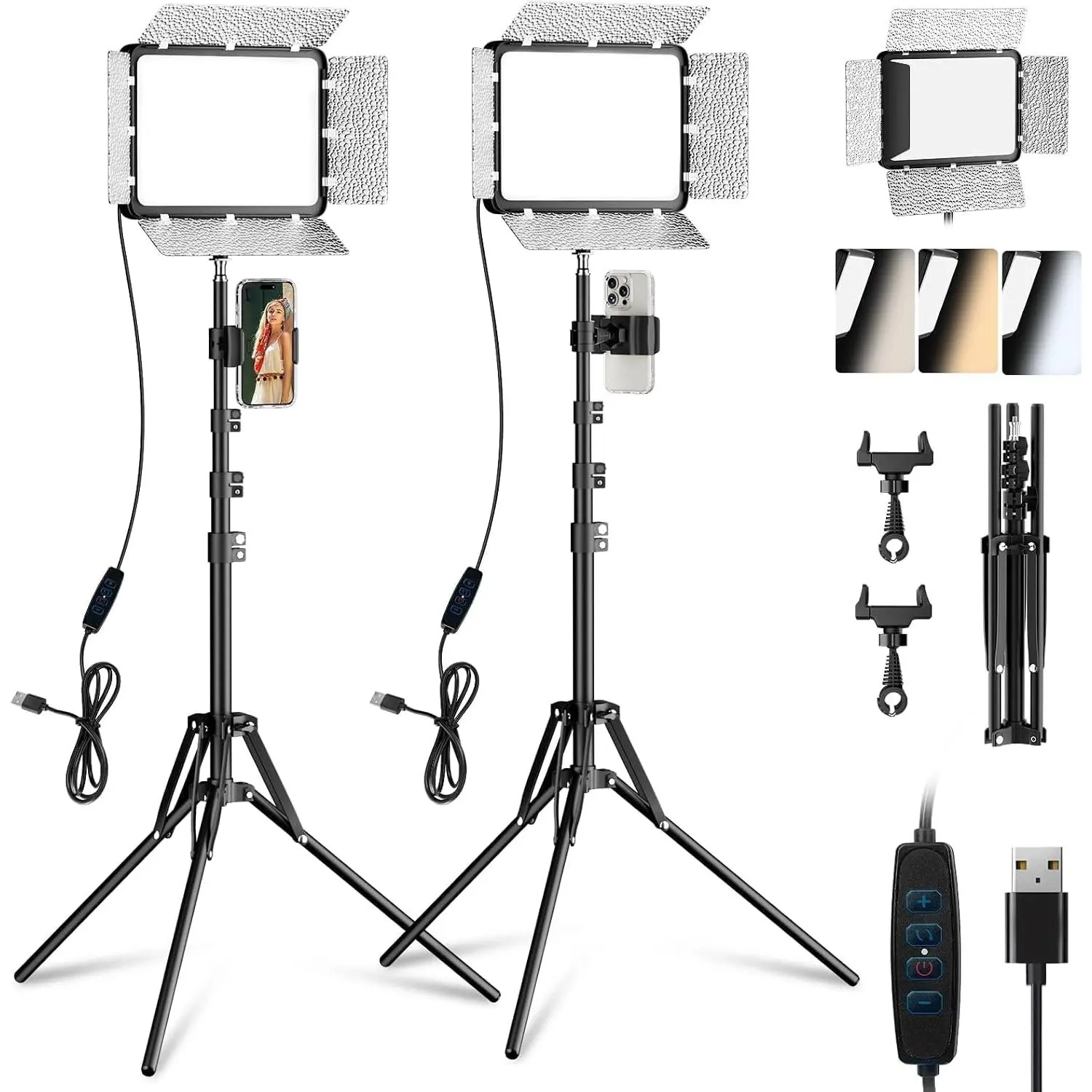 2-Pack LED Video Light Kit with Phone Holder & Barndoor | 2800-7000K Dimmable Studio Lights, 73'' Streaming Light for Video Recording, YouTube, Vlog, Photography, Content, Podcast