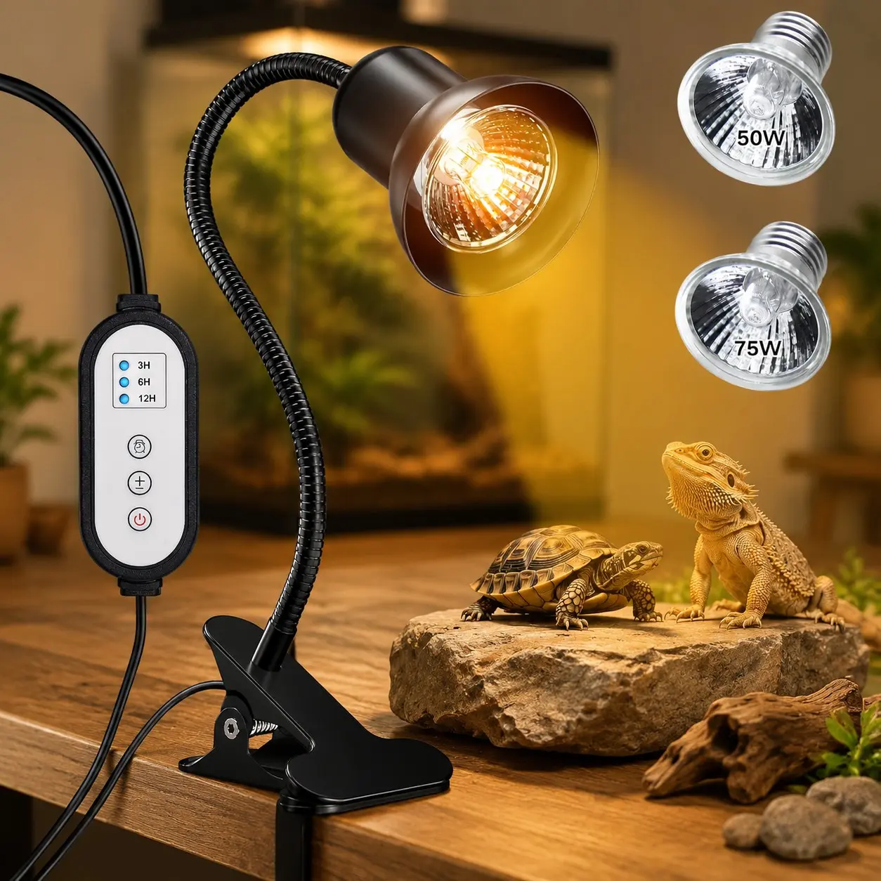 Reptile Heat Lamp with Clamp, UVA UVB Light with Intelligent Cycle Timer for Turtle, Bearded Dragon, Lizard, 2 Bulbs 50W+75WGift