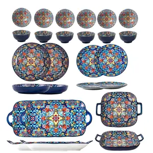 13-Piece Dinnerware Set for 6 People, Lightweight Round Plates & Bowls, Ceramic Dishwasher Safe, Microwave Friendly, Bohemian Style, Dinner Sets