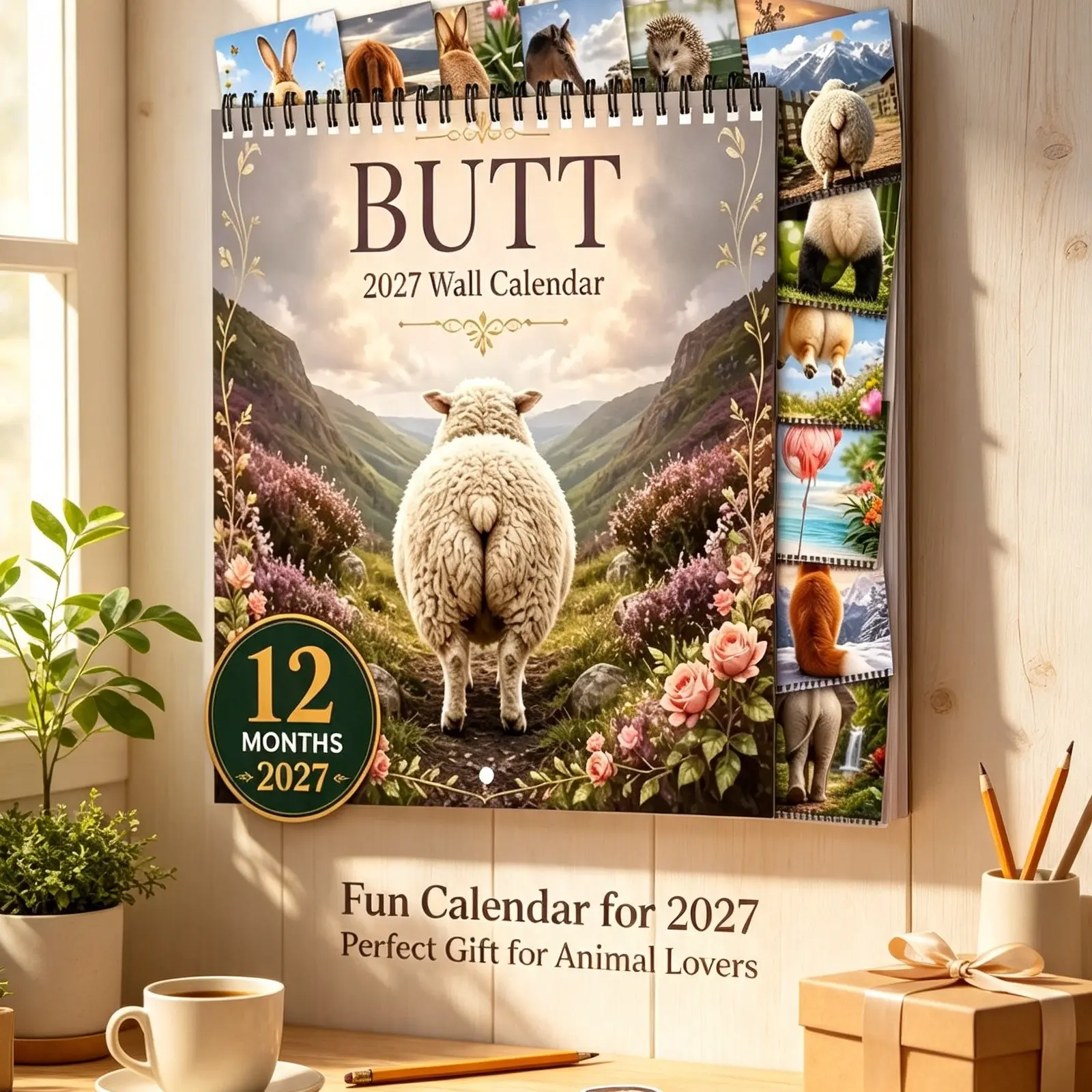 2027 Animal Butt Theme Wall Calendar, Fun Desk Decor, Perfect Prank Gift for Christmas Office Party, 12-Month Planner, Holiday Gifts