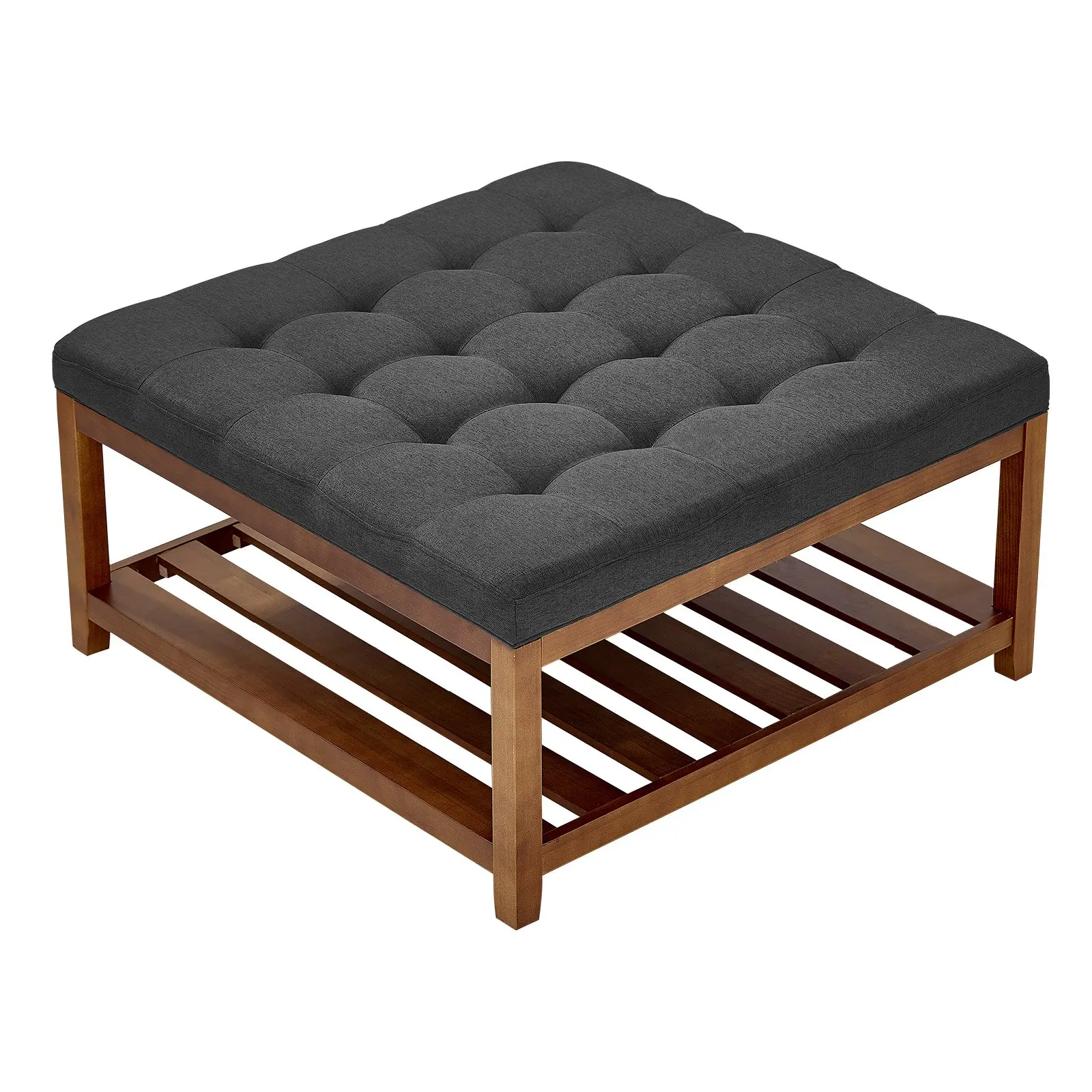 【toolupgrade】VEVOR Minimalist 34.5in Large Square Ottoman Coffee Table, Tufted Linen Upholstered Footrest with Solid Wood Storage Shelf, 400LBS Capacity for Living Room, Entryway Dark Gray Indoor Furniture