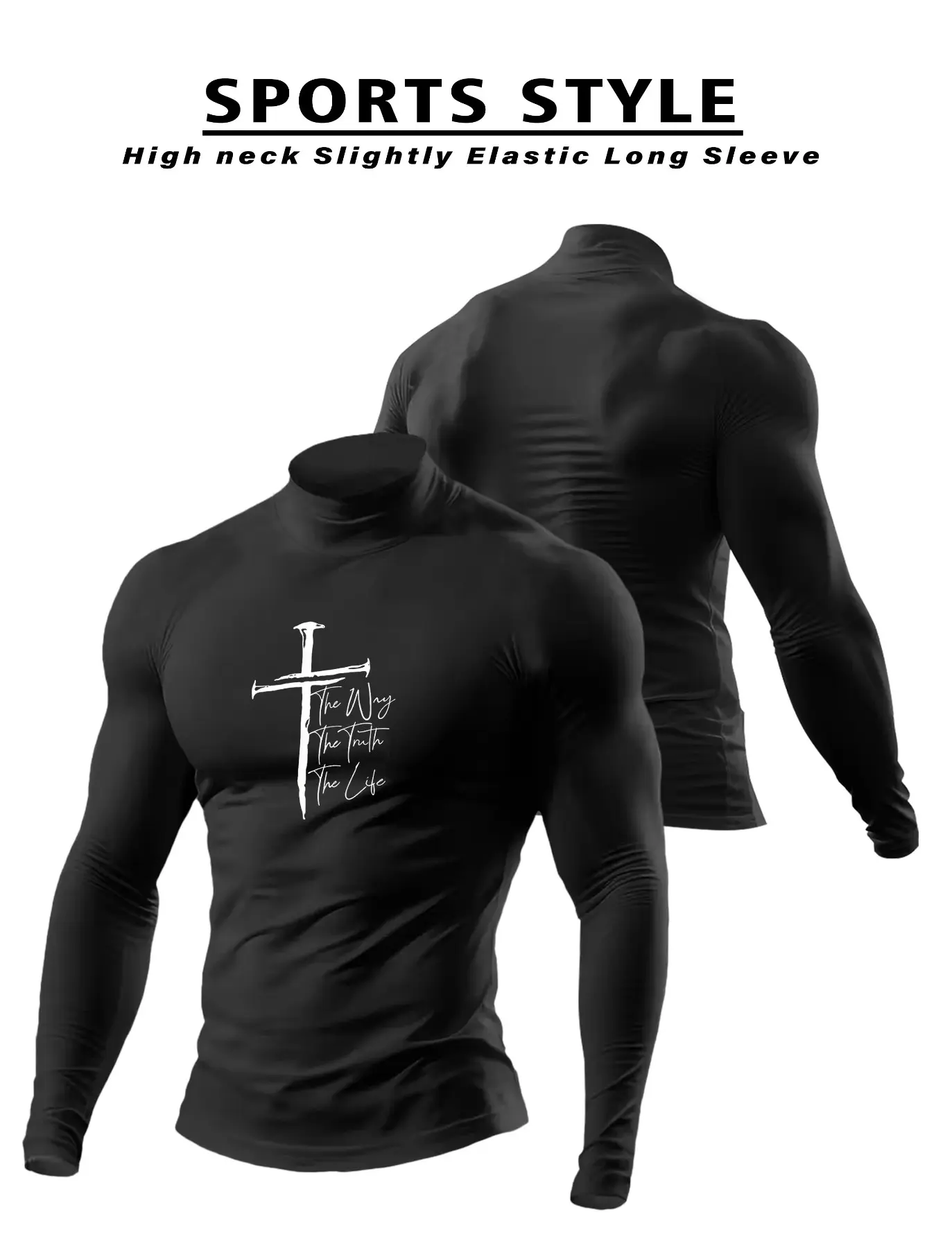 Men's High Neck Long Sleeve Compression Shirt, Nail Cross Scripture Print, Christian Faith Gym Workout Casual Athletic Top for Men