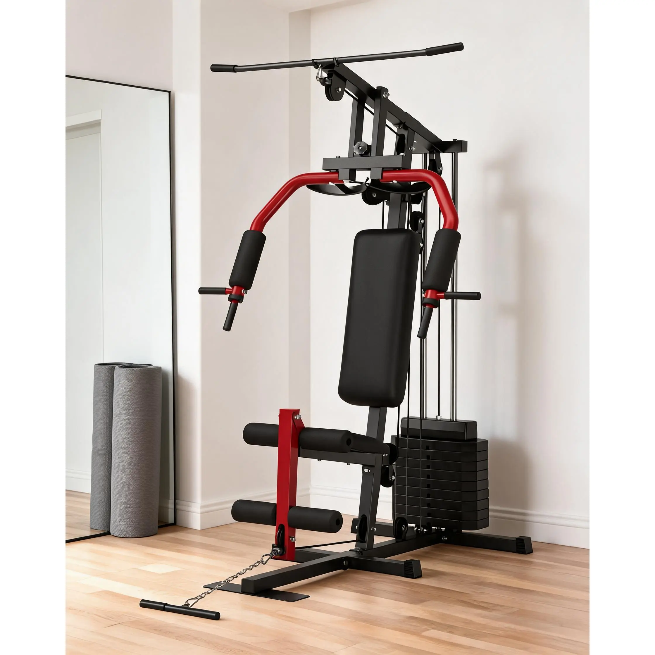 Multifunction Home Gym Machine, 100 Lb Weight Stack with Integrated Cable Pulley System, Full-Body Strength Training Station for Lat Pulldown, Chest Press, Low Row