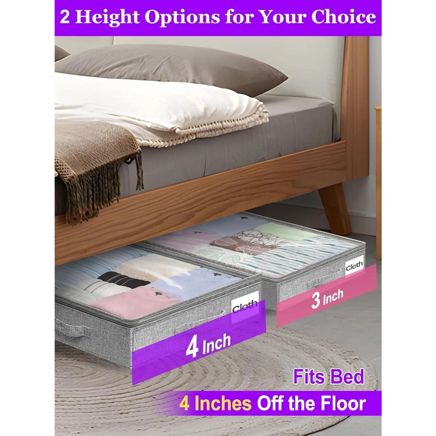 Below 4 Inches High Under Bed Storage, Low Profile Underbed Storage Containers, NO RIGID STRUCTURE, Foldable & Thin Storage Bags, Clothes Organizer w/Clear Lid & Zipper, 2-Pack, 20x40x3.7 Inches, Gray
