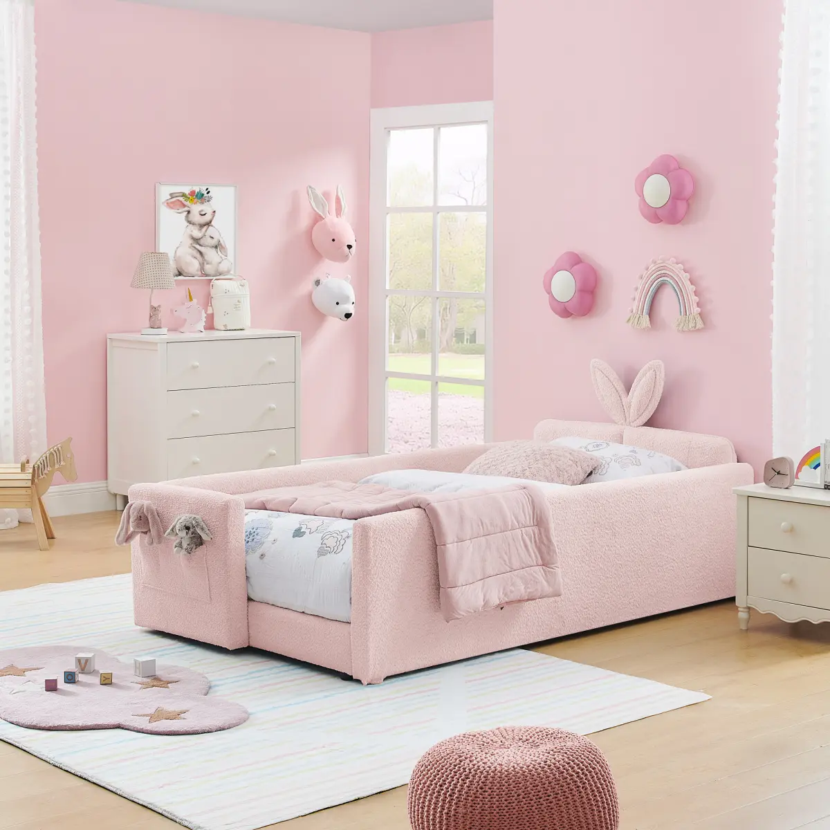 Pink Twin Size Boucle Fabric Upholstered Platform Storage Bed Frame - Upholstered Bed Frames, Bedroom Bedframe, Cute Rabbit Ear Headboard, Safety Rail, Pocket, 75 lbs Capacity, 80''L x 45''W x 25''H, Assembly Required