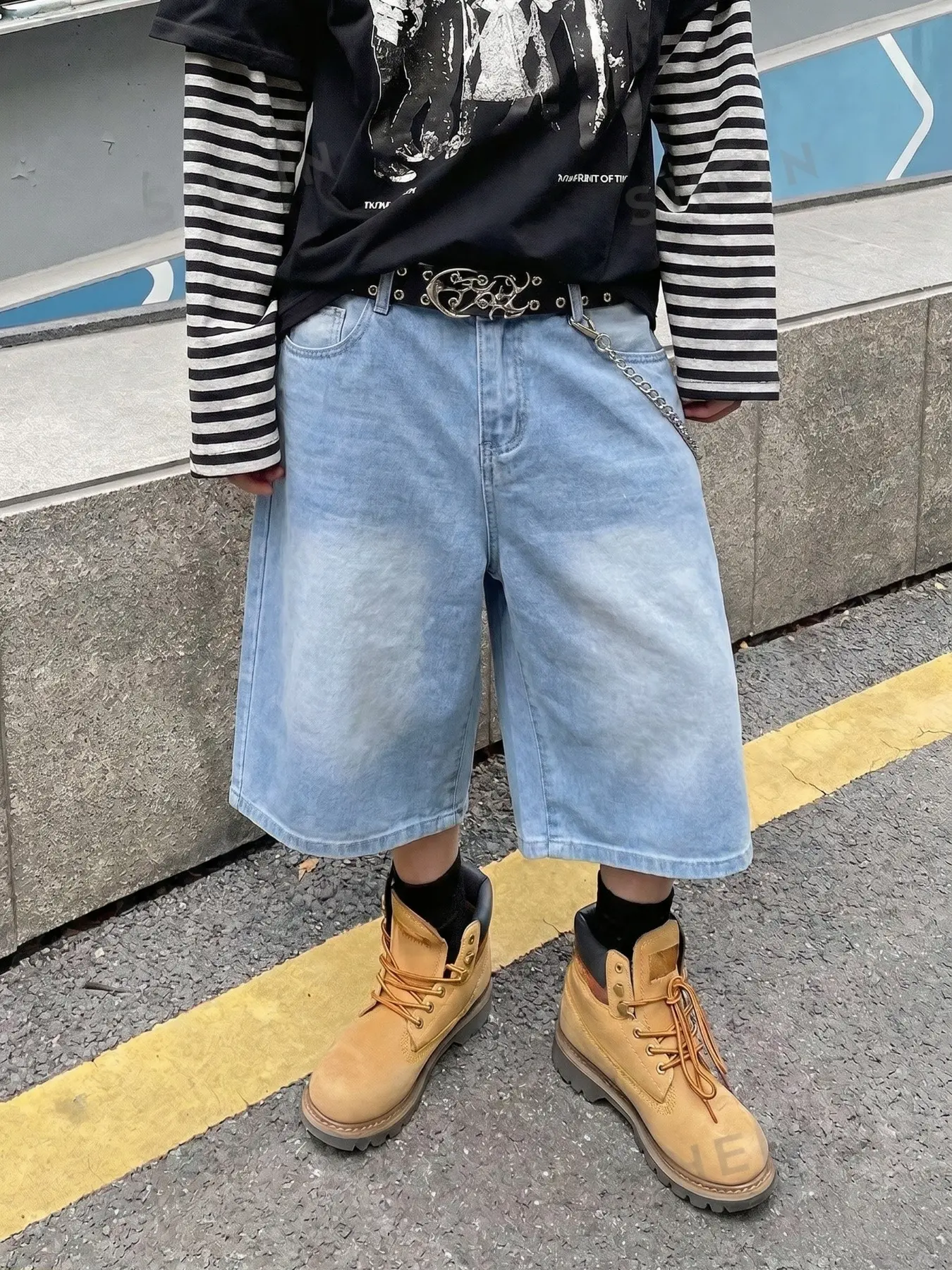 Men's Light Blue Wide Leg Loose Fit Jeans Shorts, Knee-Length Denim Jeans, Casual Streetwear, Skateboard Shorts, Comfortable and Stylish