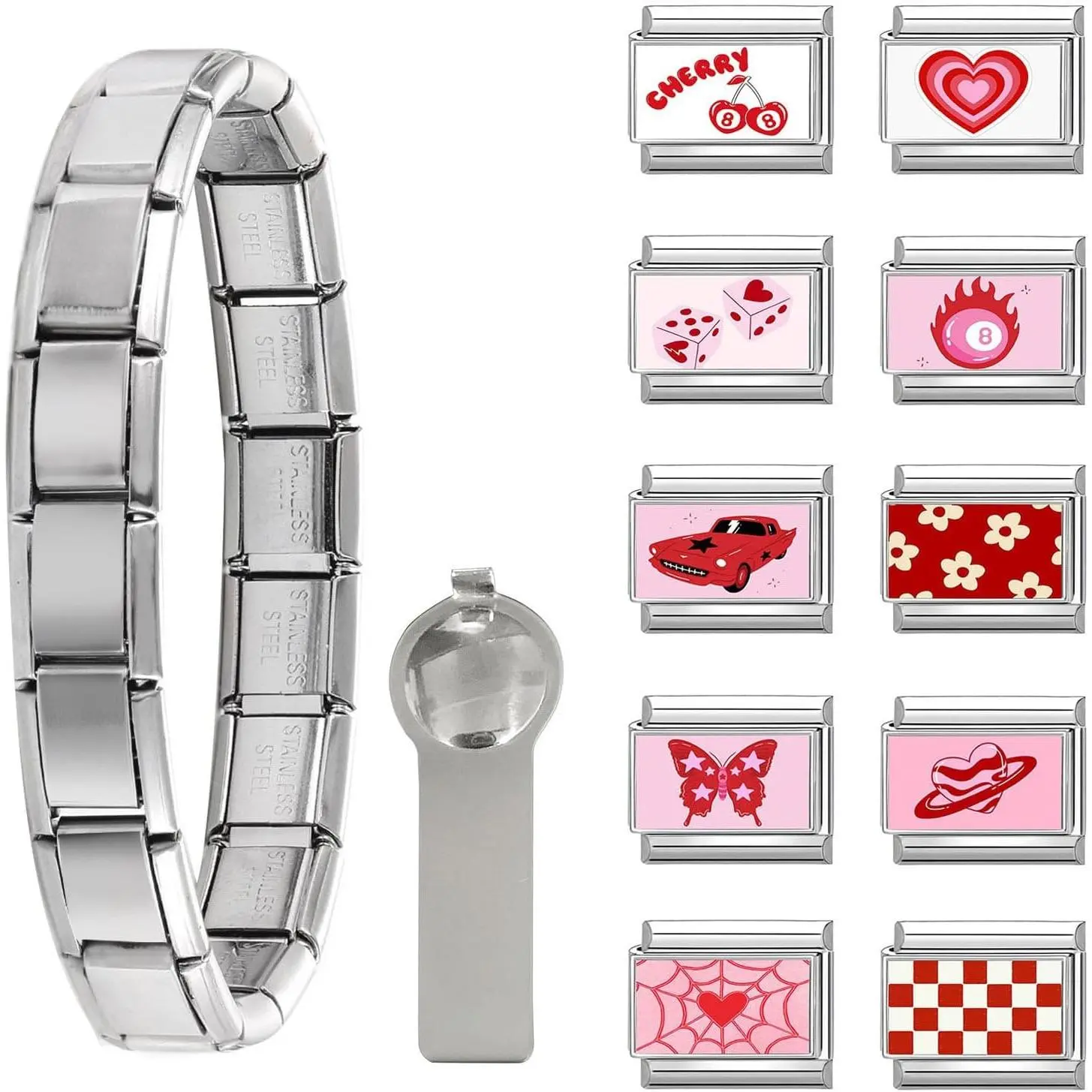 Italian  Bracelet Charms  Set Links Bulk with Opening Tool 9mm Italian Charms Red Italian Modular Bracelet Links  DIY   Love Ball 8