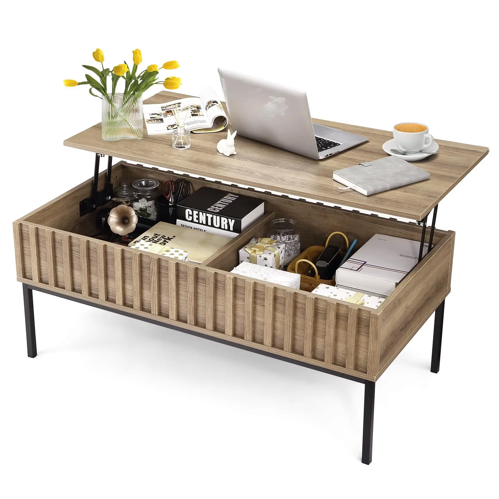 GARVEELift Top Coffee Table with Hidden Storage Compartment, Mid Century Modern and Farmhouse Wooden Design, Rustic Center Table for Living Room or Office