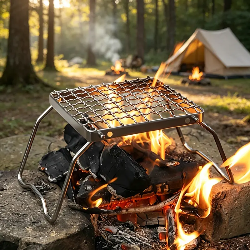 Portable Foldable Stainless Steel Campfire Cooking Rack, Ideal for Outdoor Picnics, Camping, and Travel Essentials, No Contact with Food